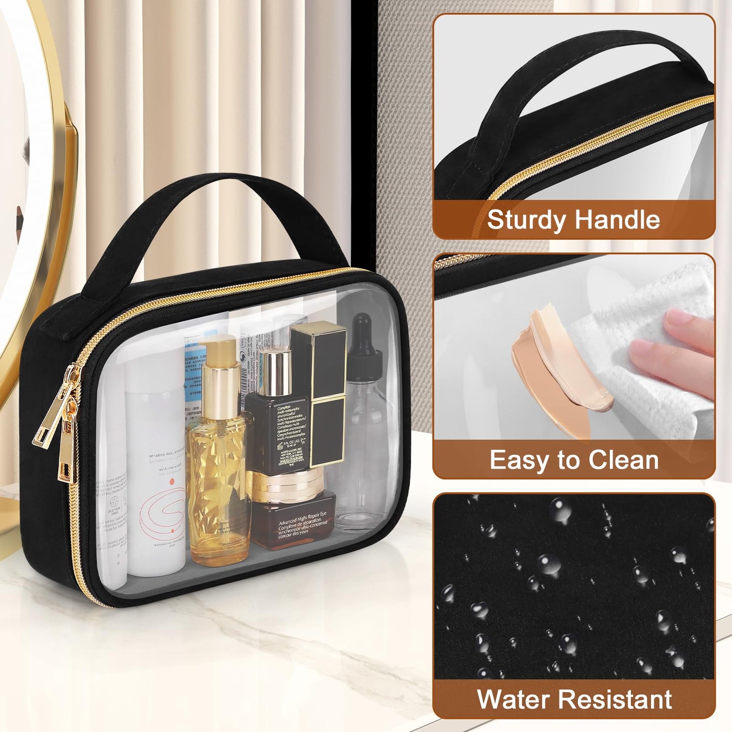 Wedama Clear Toiletry Bag, 2 Pack Clear Makeup Bags with Handles, Large Travel Bags PVC Cosmetic Bag for Women and Men, Carry on Airport Airline Compliant Bag, Black