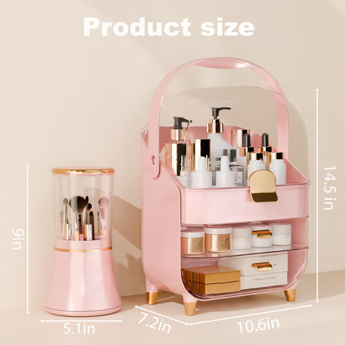 Makeup Organizer Countertop With Lid And Drawers Large Skin Care Cosmetic Display Case Holder for Vanity Desk Bathroom Storage Box,Green