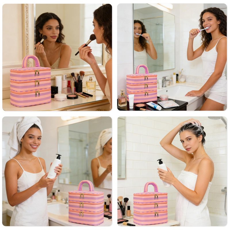Apxouans Three Layer Makeup Bag for Women Fashion Stripes Cosmetic Bag Preppy Style Travel Water-Resistant Toiletry Bag for Storage Toiletries Cosmetics Sets for Women Teen Girls Purple