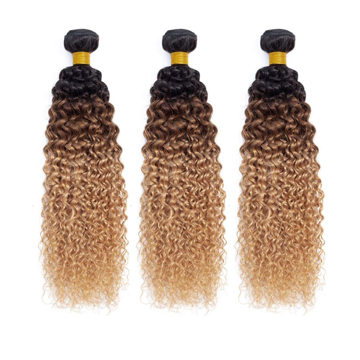 GzorOuzr 1B/4/27 Curly Wave Hair 3 Bundles Hair Weaves Three Tone Ombre Hair Extensions For Women Real Unprocessed Virgin Hair 14 14 14 Inch