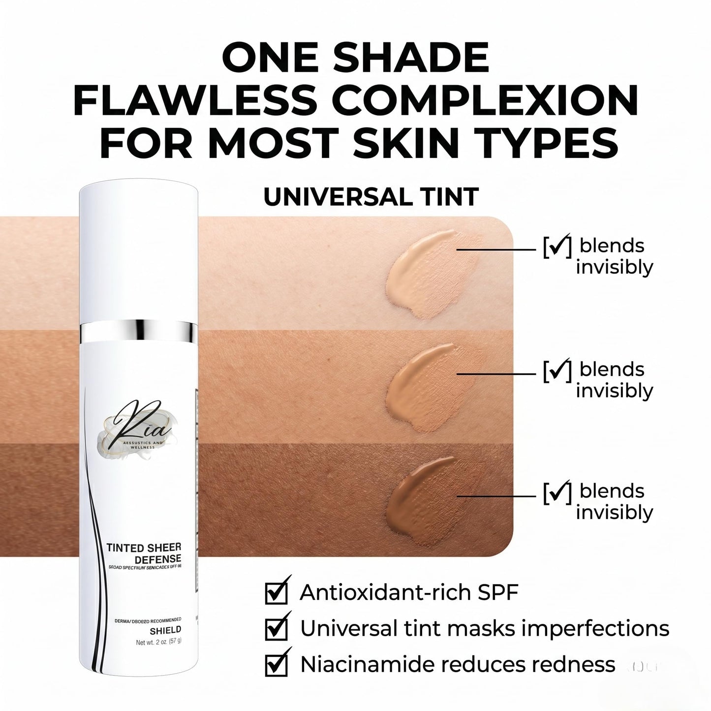 Ria Universal Tinted Sheer Defense Moisturizer SPF 46 Hydrating Dewy Tinted Sunscreen for Face with Zinc Oxide & Octinoxate Niacinamide & Hyaluronic Acid Broad Spectrum Lightweight Daily SPF, Smooth