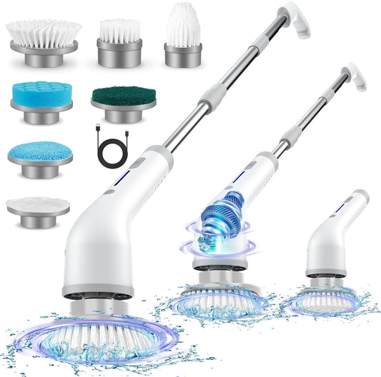 Electric Spin Scrubber, 1.5H Shower Scrubber with 7 Replaceable Brush Heads & Adjustable Extension Arm, Cordless Household Cleaning Brush for Bathroom Tub Tile Floor