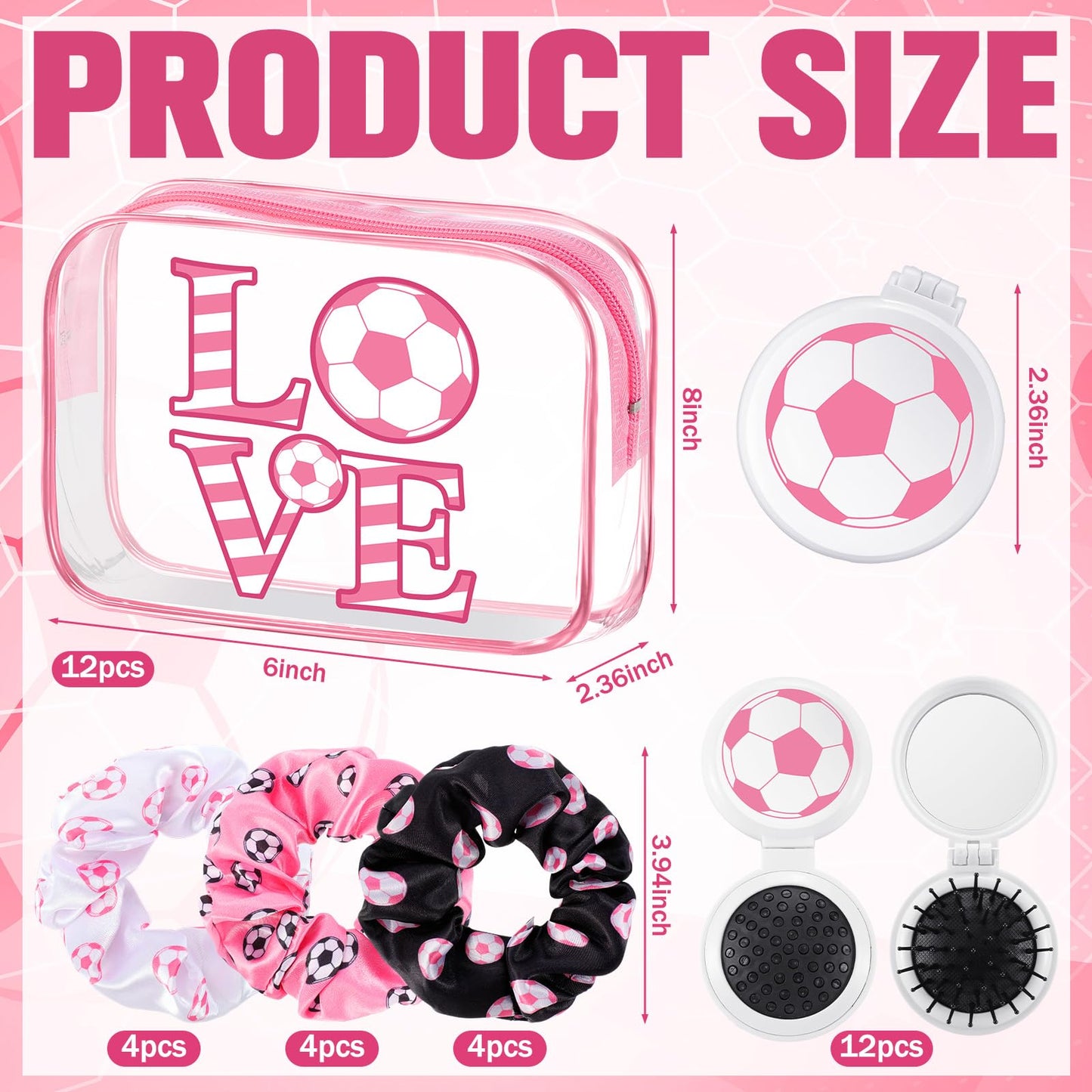Sunnymove 36 Pcs Pink Soccer Gifts for Women 12 Pink Soccer Makeup Bag Bulk Cosmetic Bag Sport Team Gifts with 12 Sport Hair Scrunchies 12 Round Portable Folding Brush Mirror for Coach Team Party