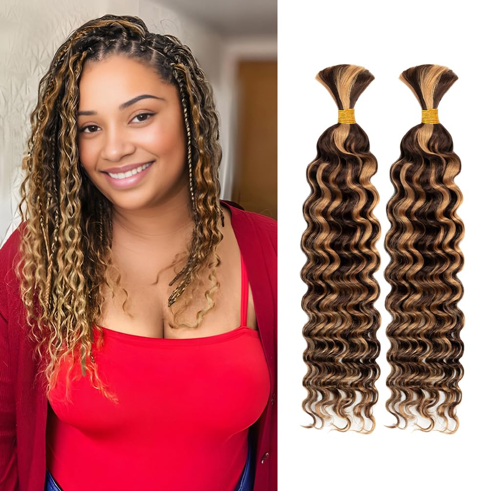 "Human Braiding Hair, 2 Bundle 100g 16 Inch Boho Braids Human Hair 12A Deep Wave Bulk Brazilian Virgin No Weft Wavy Hair Extension for Boho Knotless Balayage Brown to Blonde"