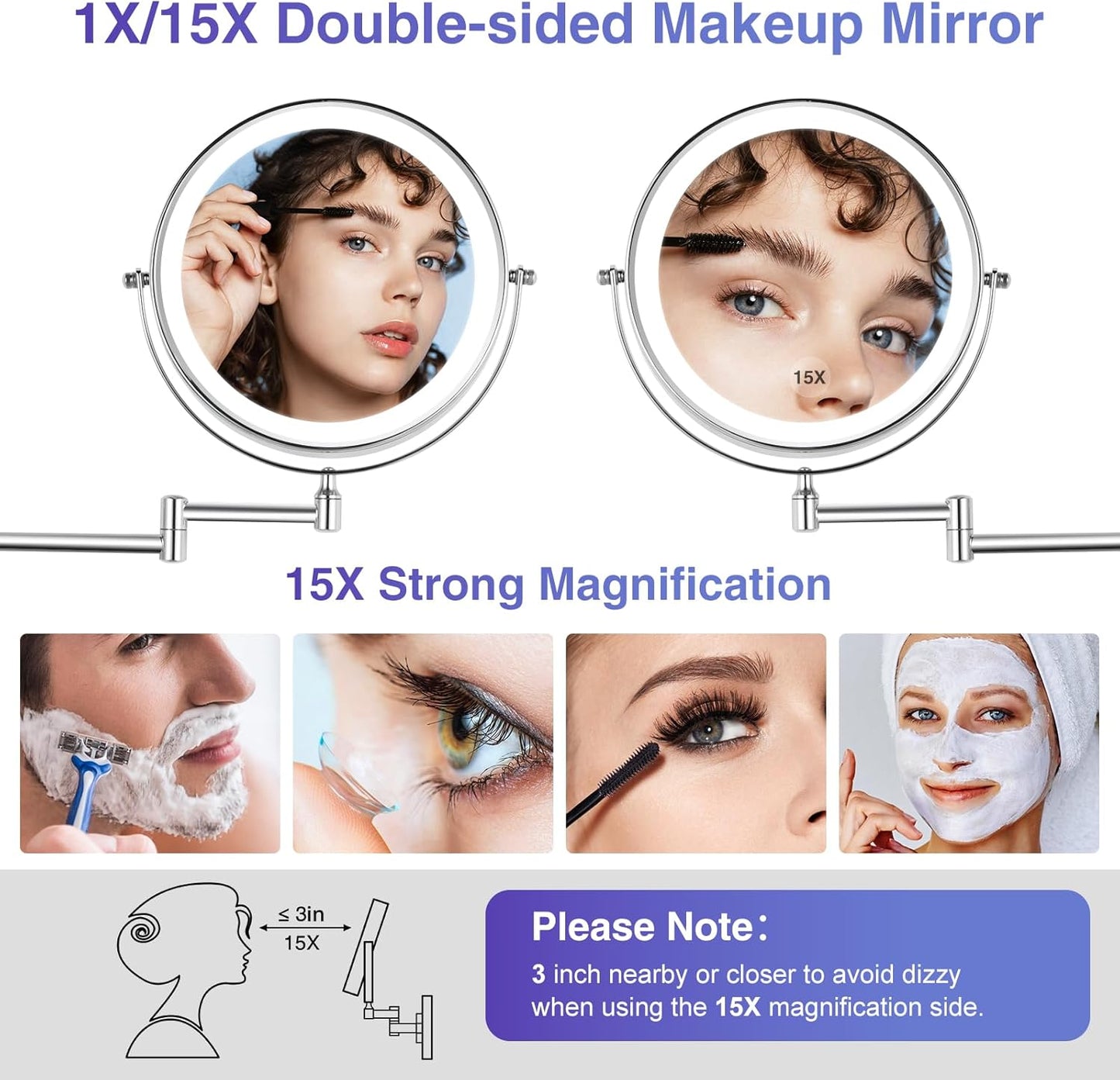 Wall Mounted Lighted Makeup Mirror - 8.5 Inch Double-Sided with 1X/15X Magnification | Chrome Finish for Vanity and Bathroom