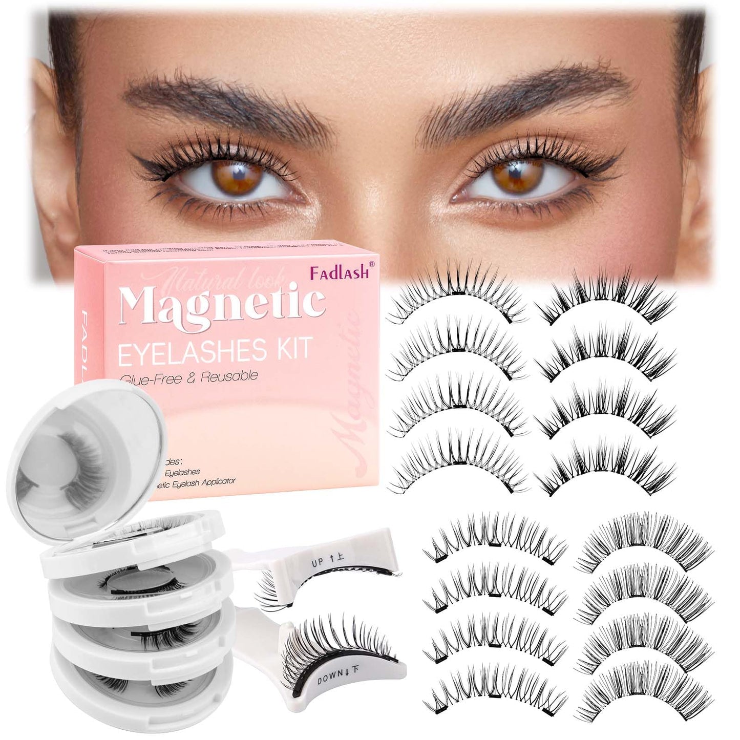 FADLASH Magnetic Eyelashes with Applicator 4 Pairs Magnetic Lashes Reusable Magnetic Eye Lashes Kit Natural Look False Eyelashes (079+604+806+B7)
