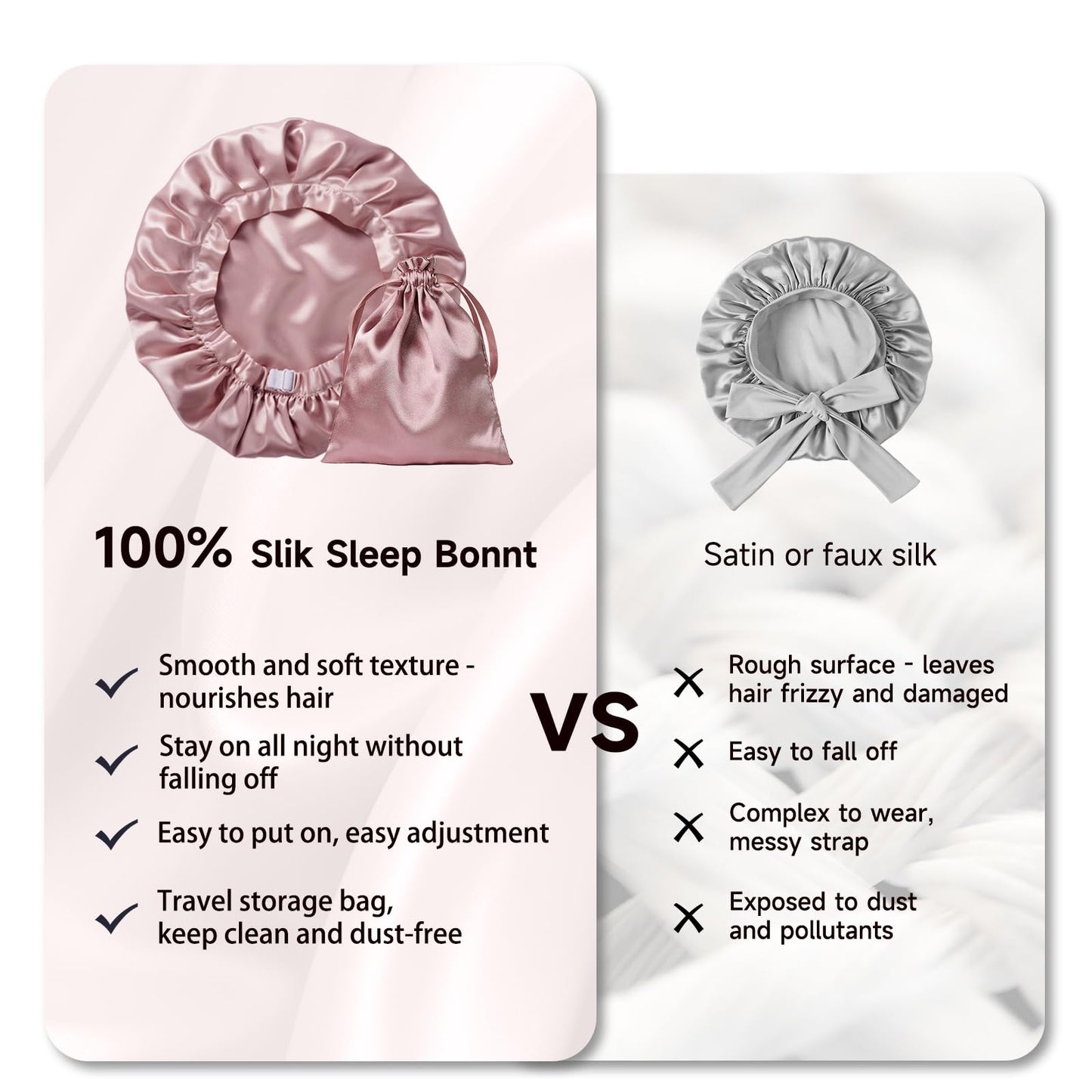 Kaome 100% Mulberry Silk Bonnet for Sleeping Women, 22 Momme Double Layer Silk Hair Wrap, Non-Slip Sleep Cap with Adjustable Elastic Band for Long Curly Hair Care, Comfortable and Breathable, Pink