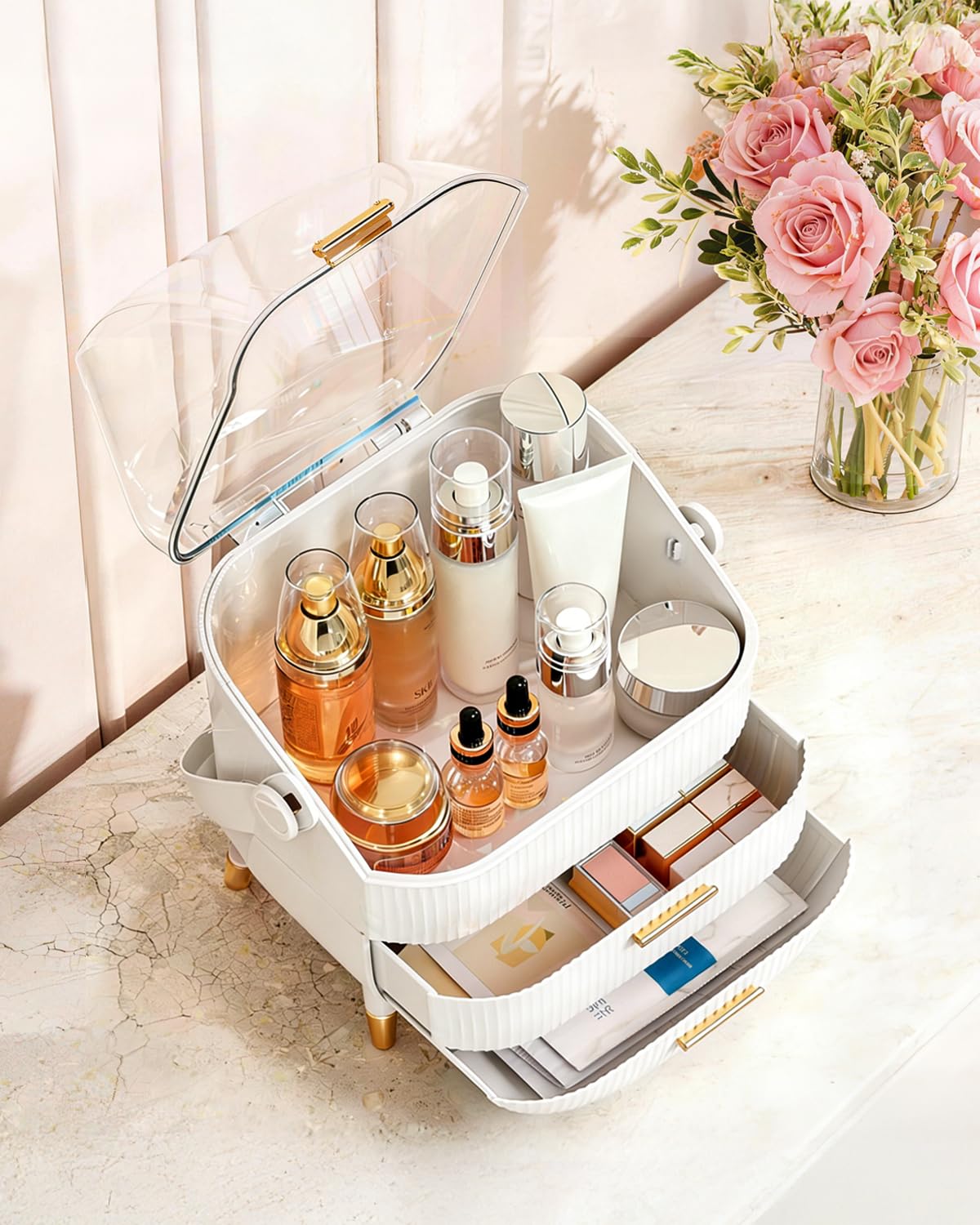 Bleutty Makeup Organizer with Drawers & Lid - Portable Large Cosmetic Storage Case for Vanity Countertop, Travel, Gift for Women, Girls, 11"×7"×15", White