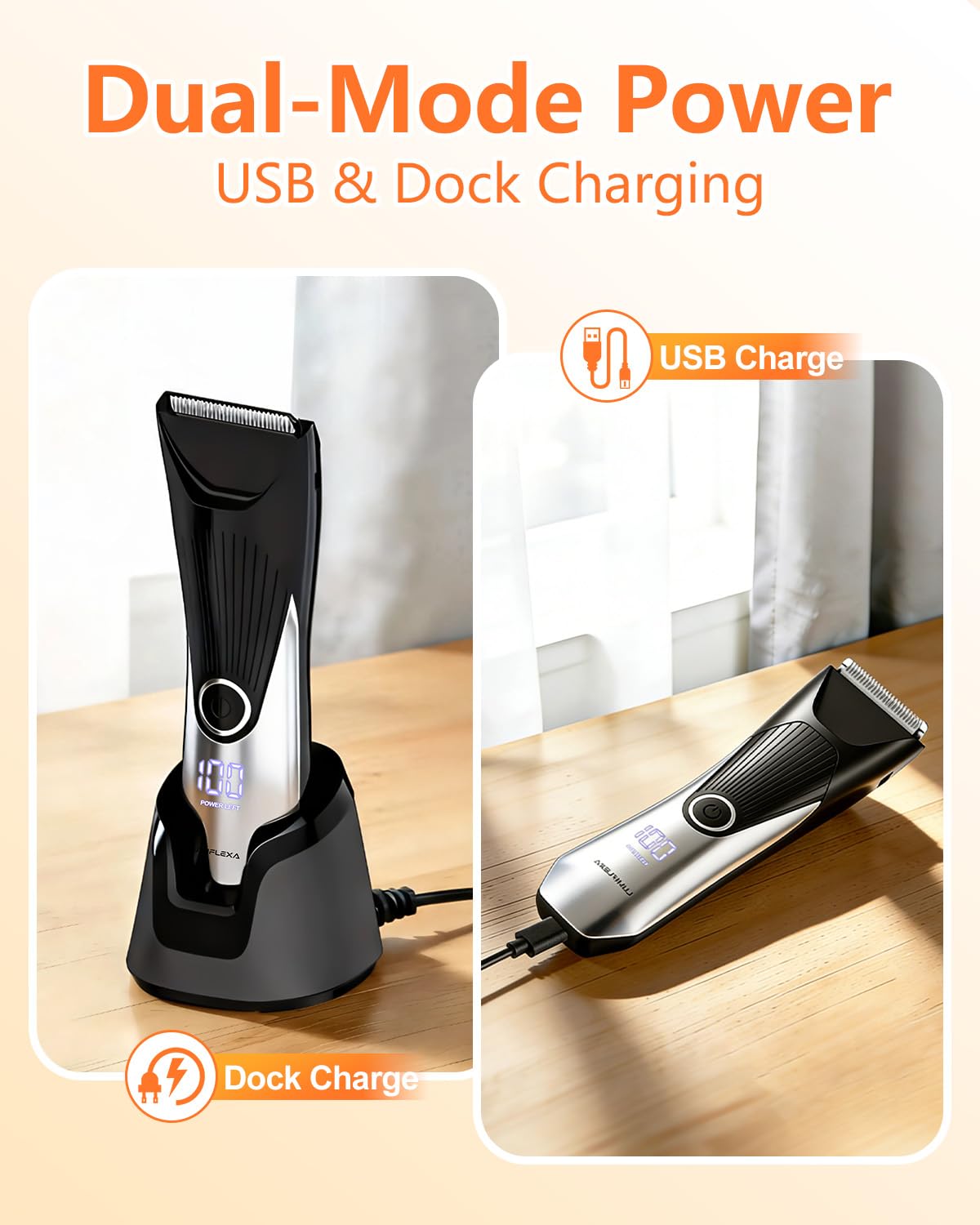 Lumiflexa Body Hair Trimmer, LED Display, 6500 RPM Motor Manscaper for Men, 3 Adjustable Combs, USB & Dock Charging, IPX7 Waterproof Body Hair Groomers, Wet or Dry Use for Groin/Legs/Chest