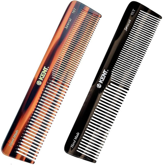 Kent 16T Tortoiseshell and Graphite, Fine and Wide Tooth for Daily Grooming, Handmade Styling Comb for All Hair Types, Wet and Dry Hair Detangling Comb, Saw Cut Hand Polished, Made in England