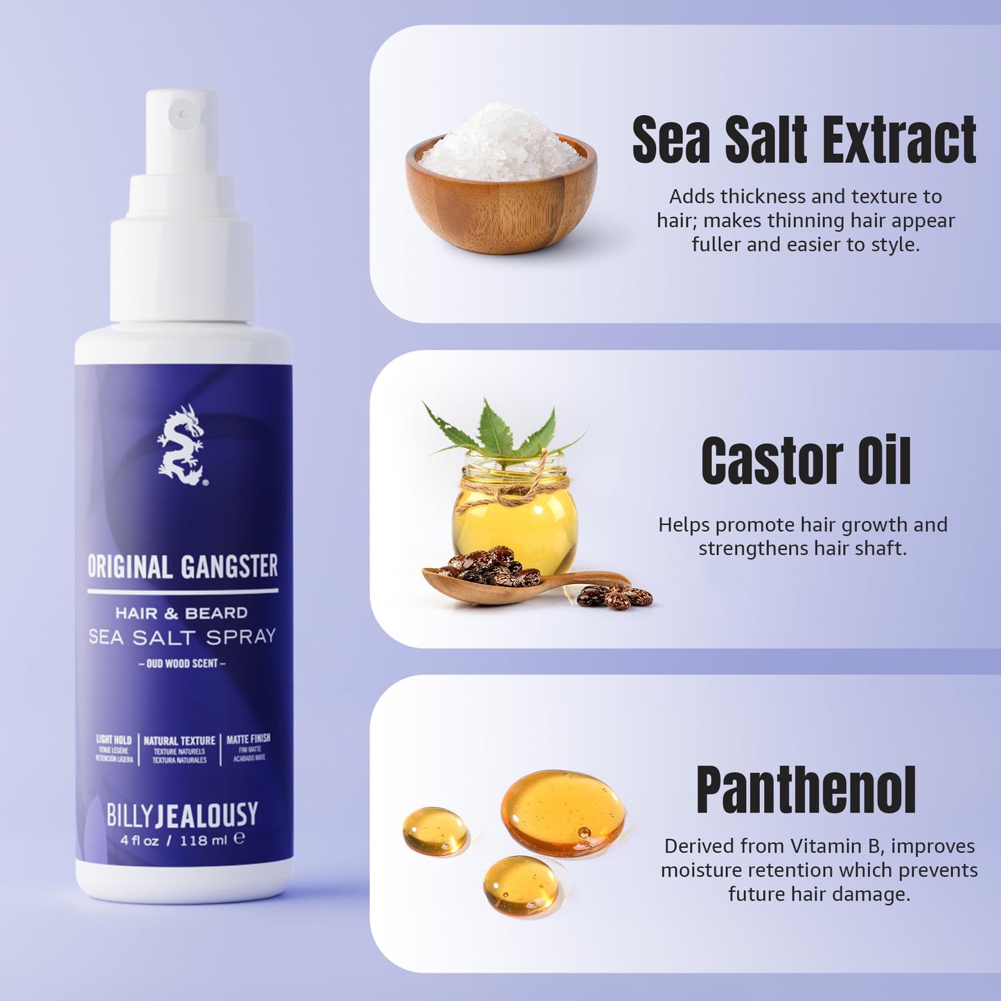 Billy Jealousy Sea Salt Spray, Texturizing and Volumizing Hair Spray for All Hair Types and Beard Lengths, Oud Wood Scent, Original Gangster, 4 fl. oz.