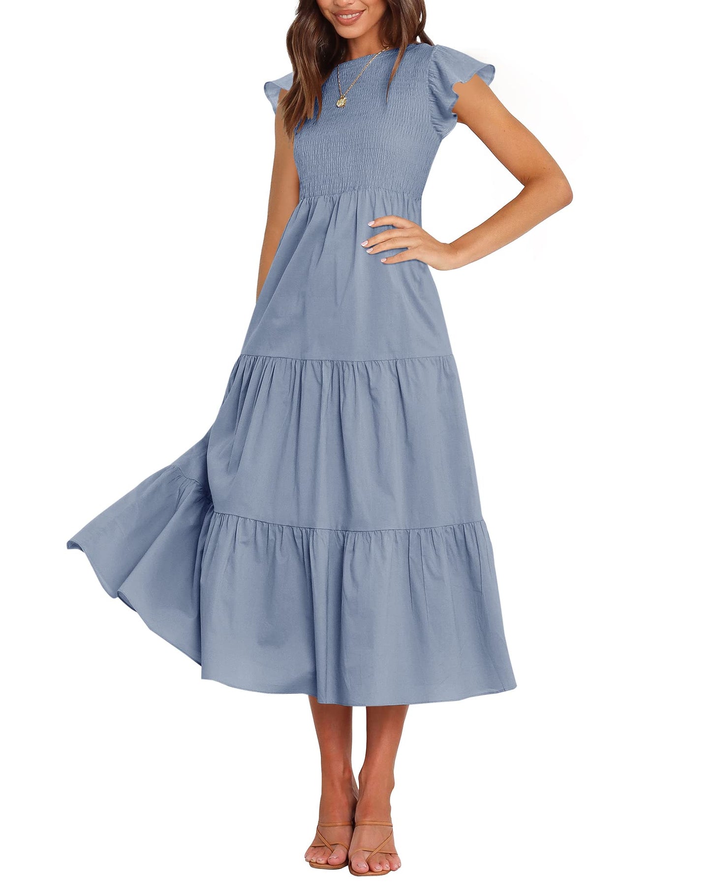 BTFBM Women Casual Short Sleeve Crew Neck Summer Dress Bohemian Floral Printed Flowy Maxi Dresses Tiered Cocktail Dress (Solid Light Blue, X-Large)