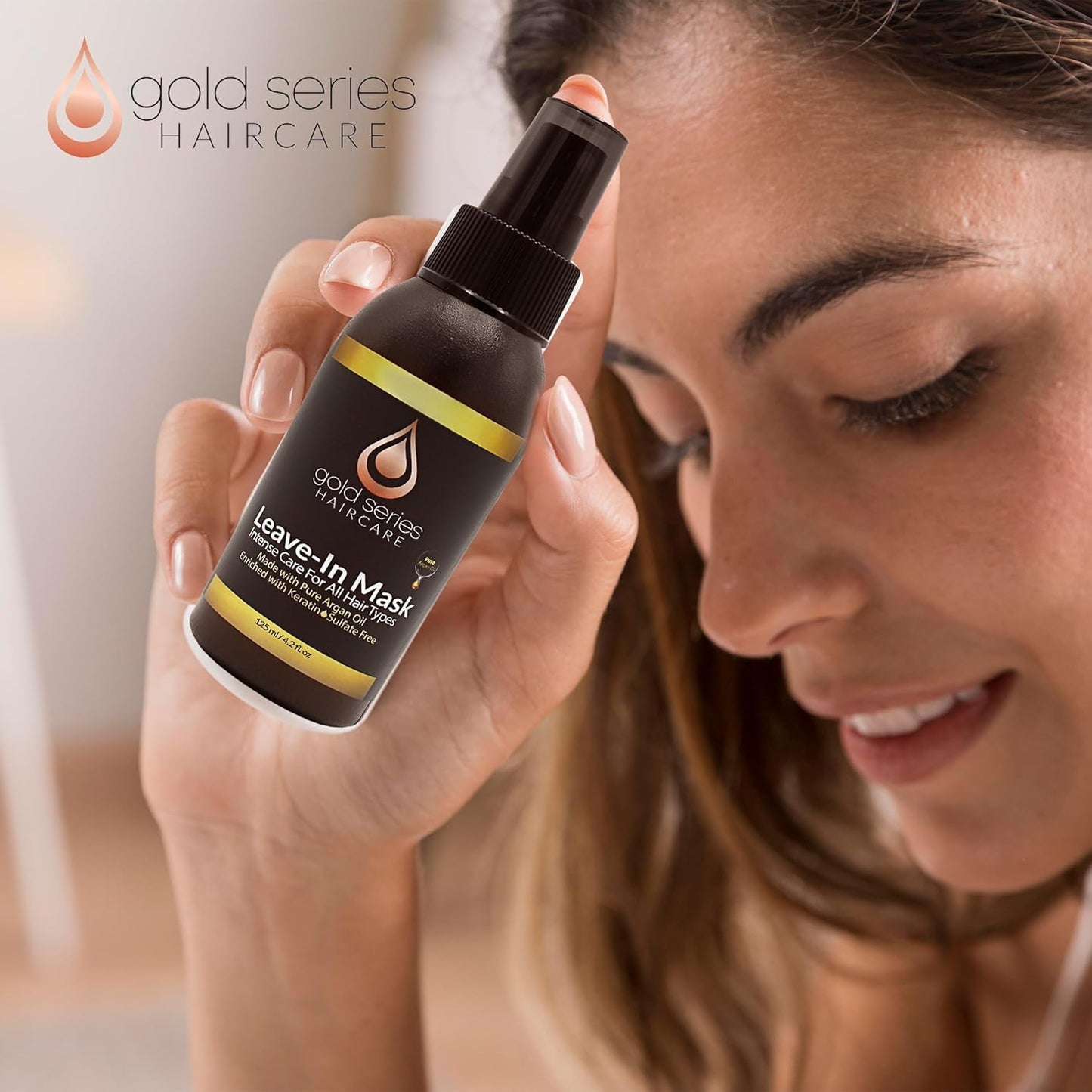 Gold Series Leave-In Hair Mask – Argan Oil Hair Mask Enriched with Keratin – Nourishing and Gently Detangling Leave In Conditioner Spray for Curly, Frizzy or Damaged Hair, 4.2 Fl.oz