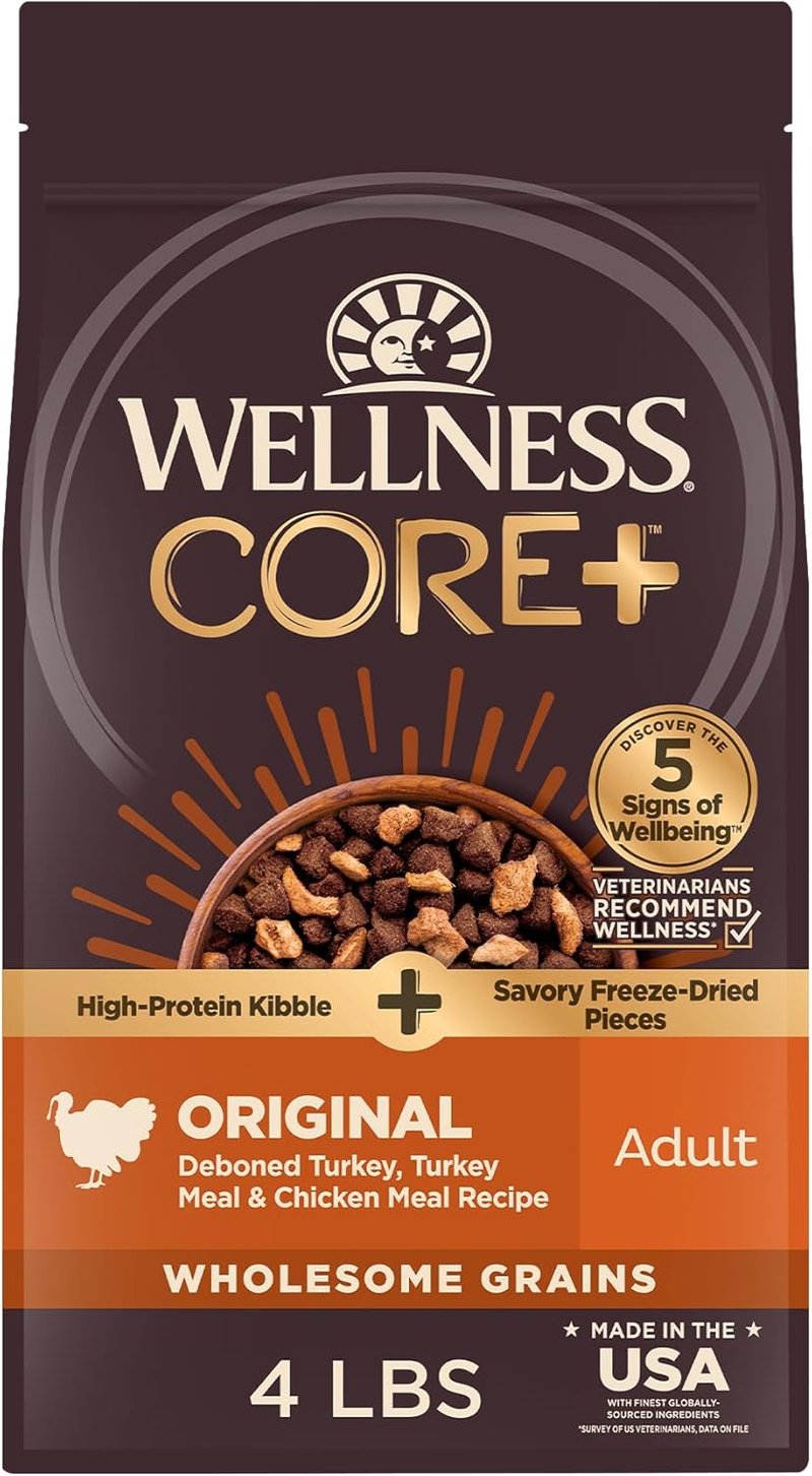 Wellness CORE+ Dry Dog Food - High Protein Turkey & Chicken Recipe | 4 lb Bag with Freeze-Dried Pieces