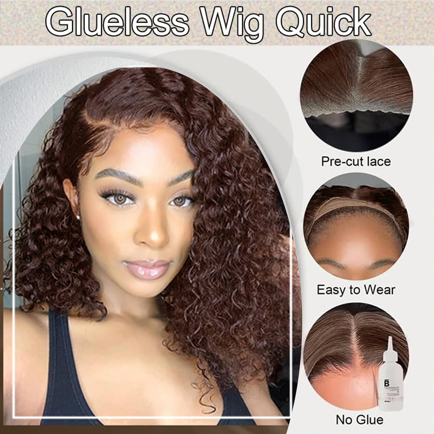 Chocolate Brown Glueless Wigs Human Hair Pre Plucked Pre Cut 180% Density Closure Wigs Human Hair Bob Wig Curly Human Hair Wig Wear and Go Glueless Wig for Women 10 Inches