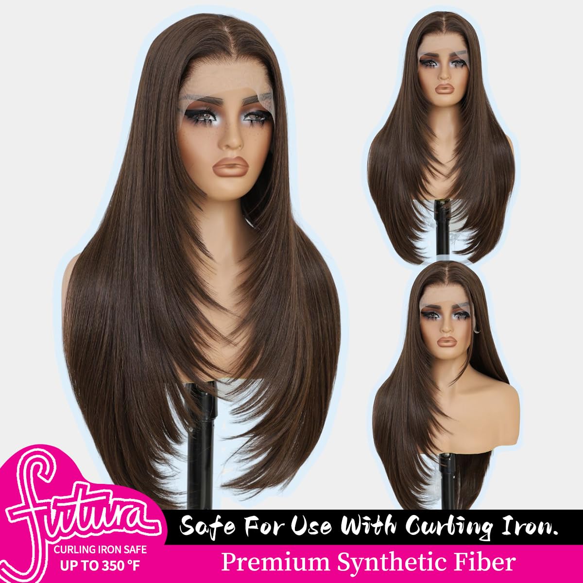 Synthetic 13x4 Lace Front Wigs Pre Plucked Chocolate Brown Straight Wigs For Women Ready to Wear Glueless Wig With Bangs Long Layered Straight Wigs 100% Futura Premium Fiber 26 Inch Beginner Friendly