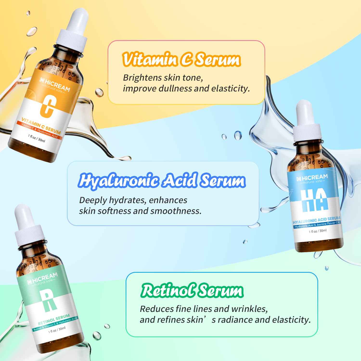Hicream Face Serum Set 3-Pcs Set, Includes Vitamin C, Hyaluronic Acid & Retinol - Skin Care Set for Brightening, Firming, Hydrating - Facial Skin Care Set for Fine Lines, Dark Spot Corrector