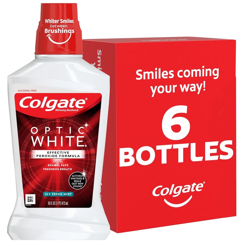 Colgate Optic White Whitening Mouthwash - Alcohol-Free Icy Fresh Mint | 16 Fl Oz (6 Pack)
