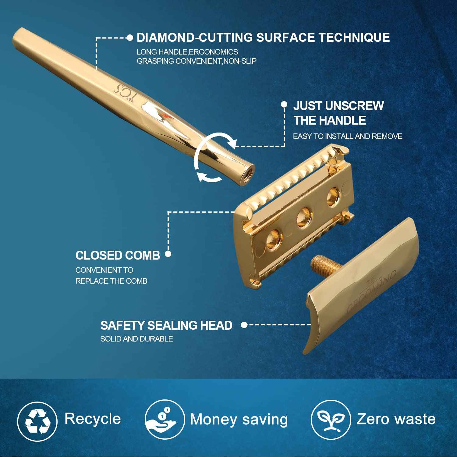 The Grooming Society Double Edge Safety Razor, Classic for Men and Women, Reusable Safety Razor, Metal Long Handle Safety Razor, 10 Blade Refill