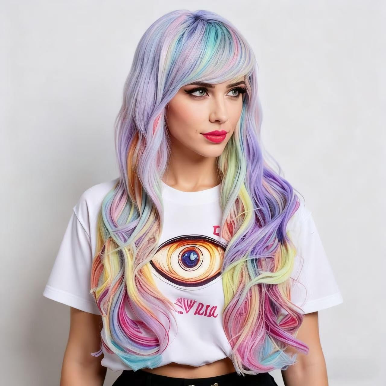 Rugelyss Rainbow Colorful Wigs for Women 26 Inches Long Wavy Fashion Synthetic Full Head Hair Wig with Bangs for Cosplay or Party