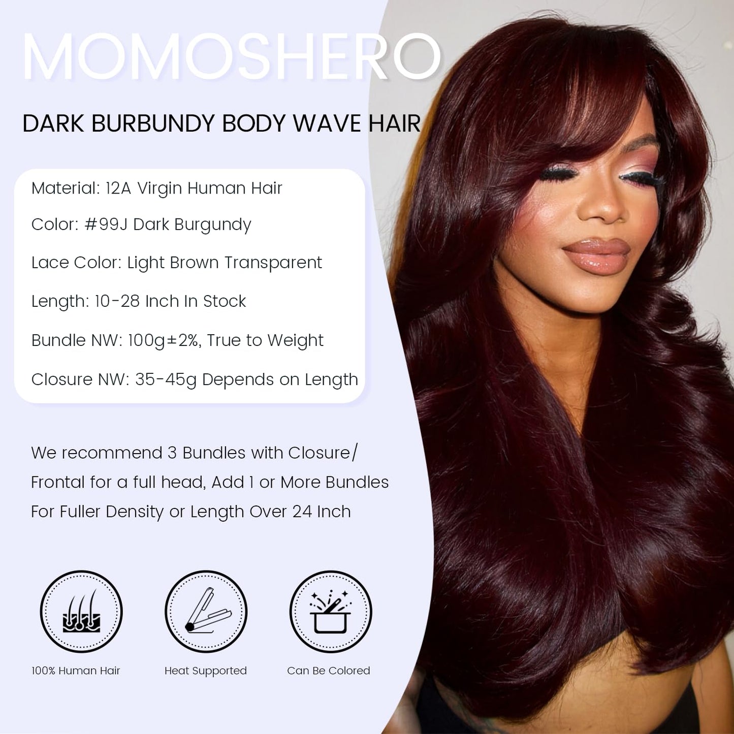MOMOSHERO Burgundy Body Wave Bundle 14 Inch，12A Soft Real Hair 99j Dark Red Wine Colored Bundles, 100% Brazilian Human Hair Single Bundle Double Weft Hair Extension