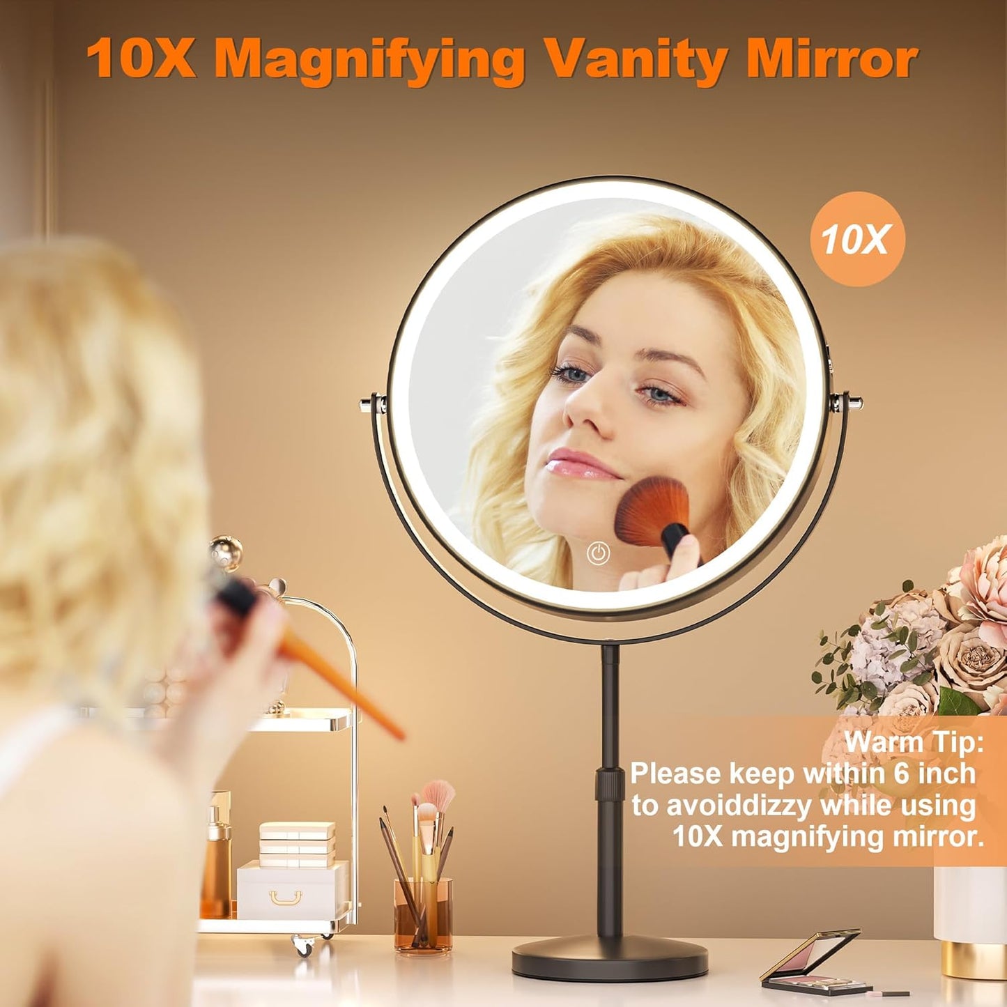 Lighted Makeup Mirror - 10-Inch Rechargeable Vanity Mirror with Magnification & Dimmable Brightness | 3 Lighting Modes, Adjustable Height, Black