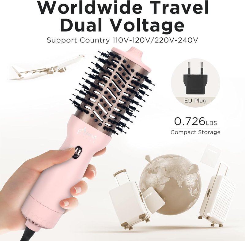 Aima Beauty Travel Hair Dryer Brush - Dual Voltage Hot Air Brush for Frizz-Free Styling | Pink