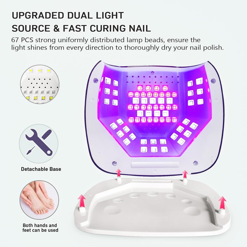 LED Nail Lamp - 67 Dual Color UV Gel Dryer with Auto Sensor & 4 Timer Modes | Foldable, Detachable Base (Black)