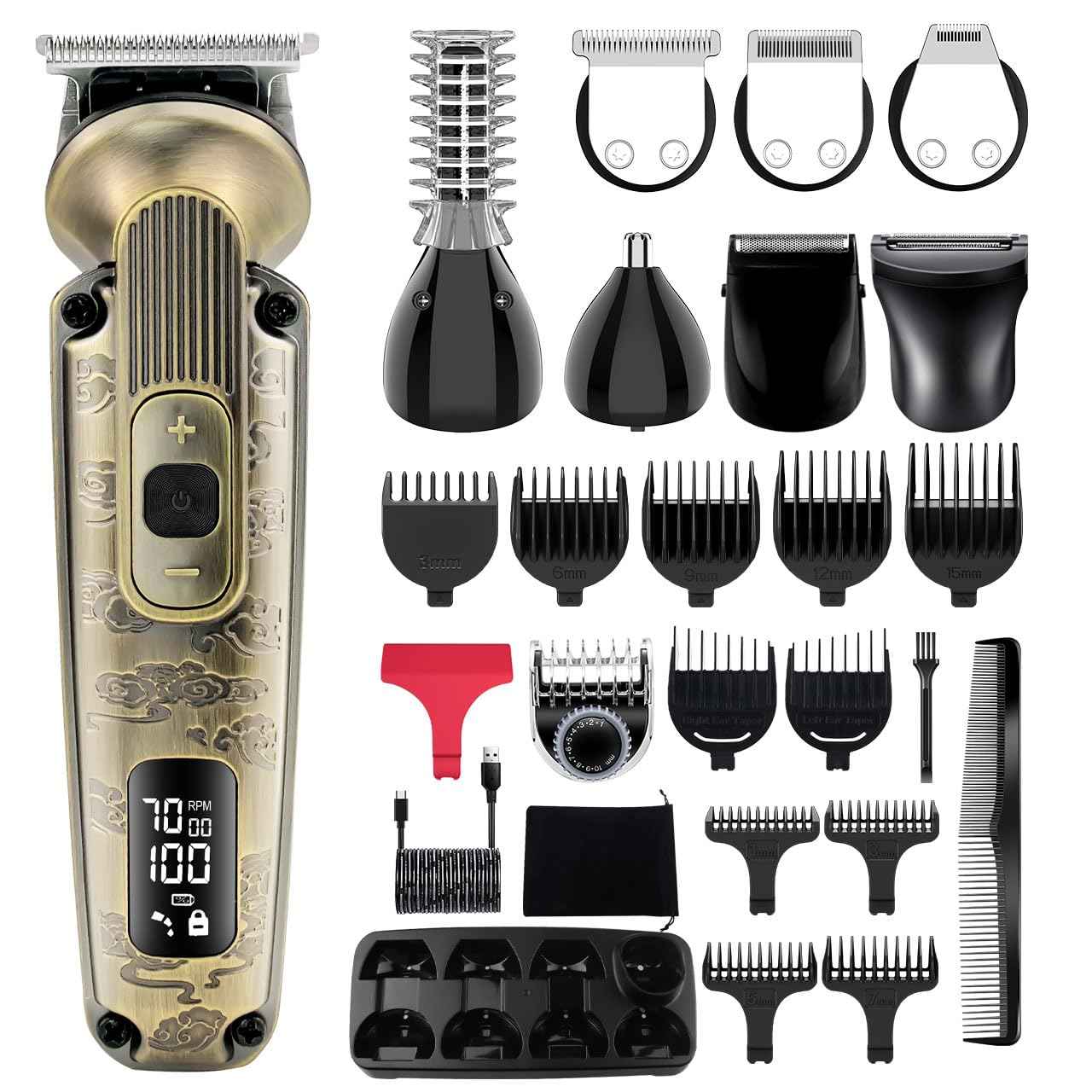 Hatteker Beard Trimmer Mustache Trimmer for Men 8 in 1 Adjustable Speed Waterproof Hair Clipper T-Blade Electic Razor Shavers Cordless Mens Gift Grooming Kit with Face Nose Body (Bronze)