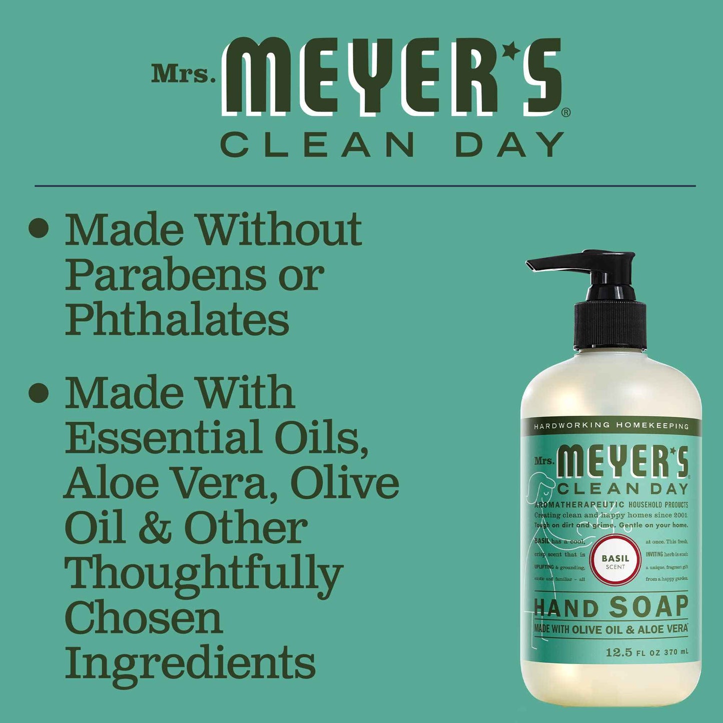 MRS. MEYER'S CLEAN DAY Hand Soap, Made with Essential Oils, Biodegradable Formula, Basil, 12.5 fl. oz (Pack of 4)