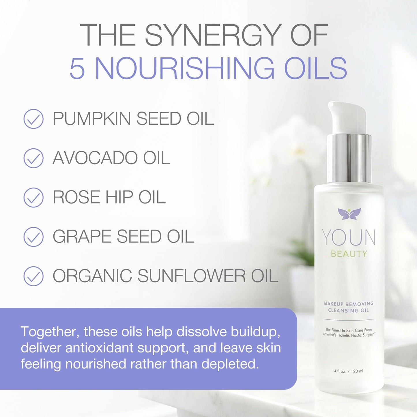 YOUN Beauty Makeup Removing Cleansing Oil by Holisitic Plastic Surgeon Dr. Anthony Youn | Hydrating Cleanser with Grape Seed, Sunflower & Rose Hip Oils | For All Skin Types, 120 ml