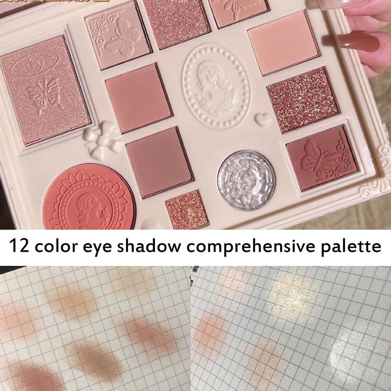 Ezyuanchly Lace 12 Color Eyeshadow Palette, Blendable Shimmer and Matte Nudes Shades, All In One Makeup Blush Highlighter, Pink