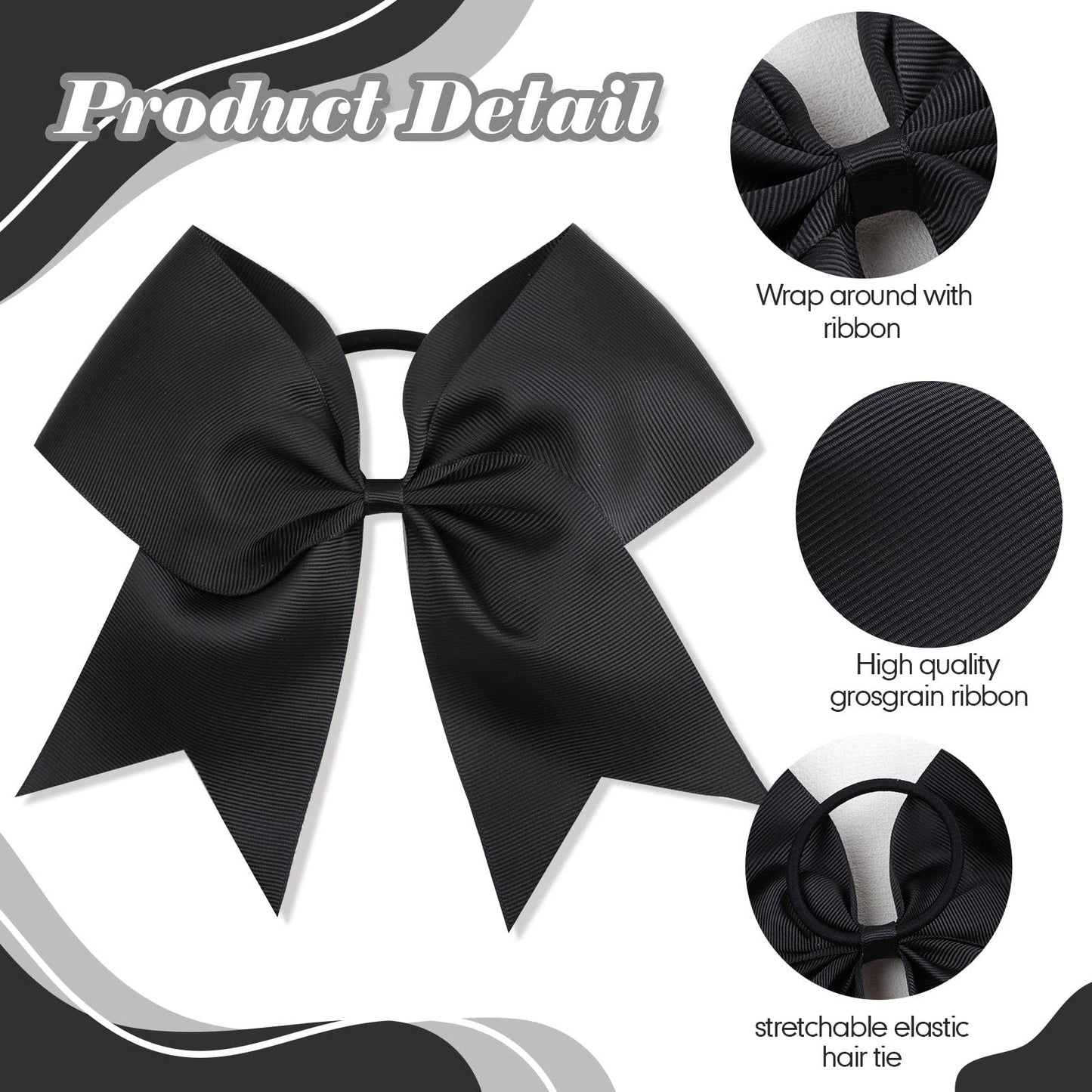 CN 30PCS 8" Large Cheer Bows, Cheerleading Bows Ponytail Holder for Girls, Grosgrain Ribbon Black Cheer Hair Bows with Elastic Hair Tie for Cheerleader College Sports Softball Competition