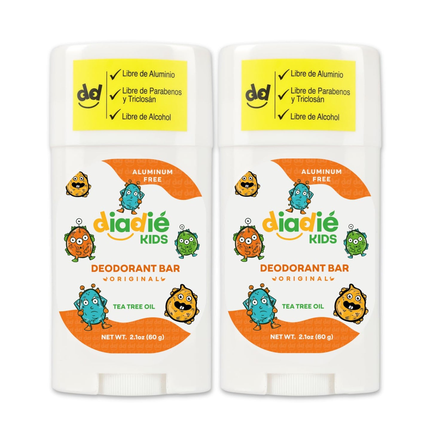 Diadié Kids Natural Deodorant Stick, for Boys & Girls, Aluminum-Free, Safe, Stick, 2.1oz each. 2 Pack