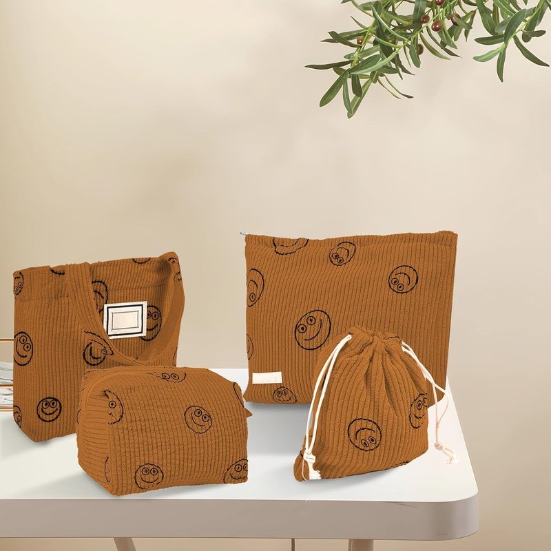 Corduroy Cosmetic Bag Set - 4 Pcs Aesthetic Toiletry Organizer | Small Drawstring Makeup Pouch