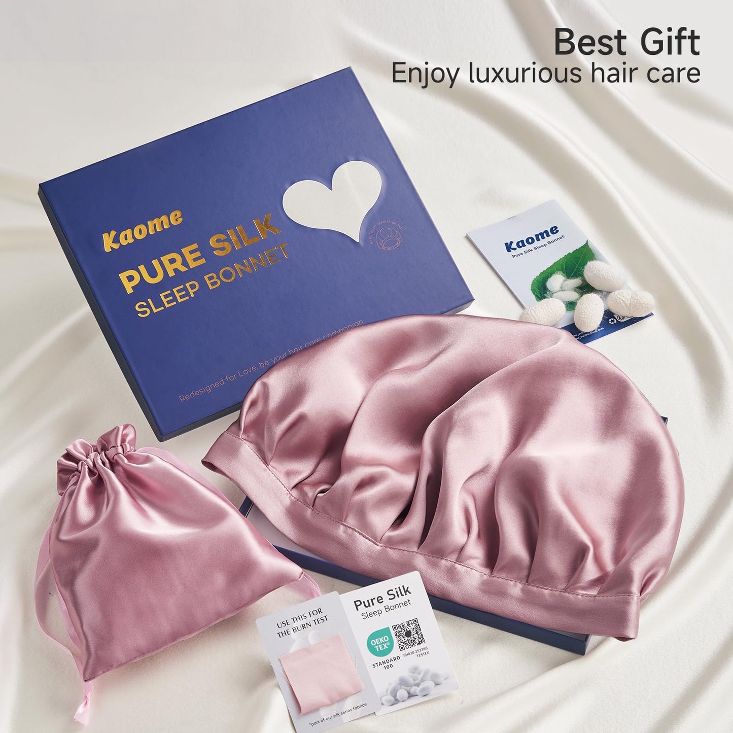 Kaome 100% Mulberry Silk Bonnet for Sleeping Women, 22 Momme Double Layer Silk Hair Wrap, Non-Slip Sleep Cap with Adjustable Elastic Band for Long Curly Hair Care, Comfortable and Breathable, Pink