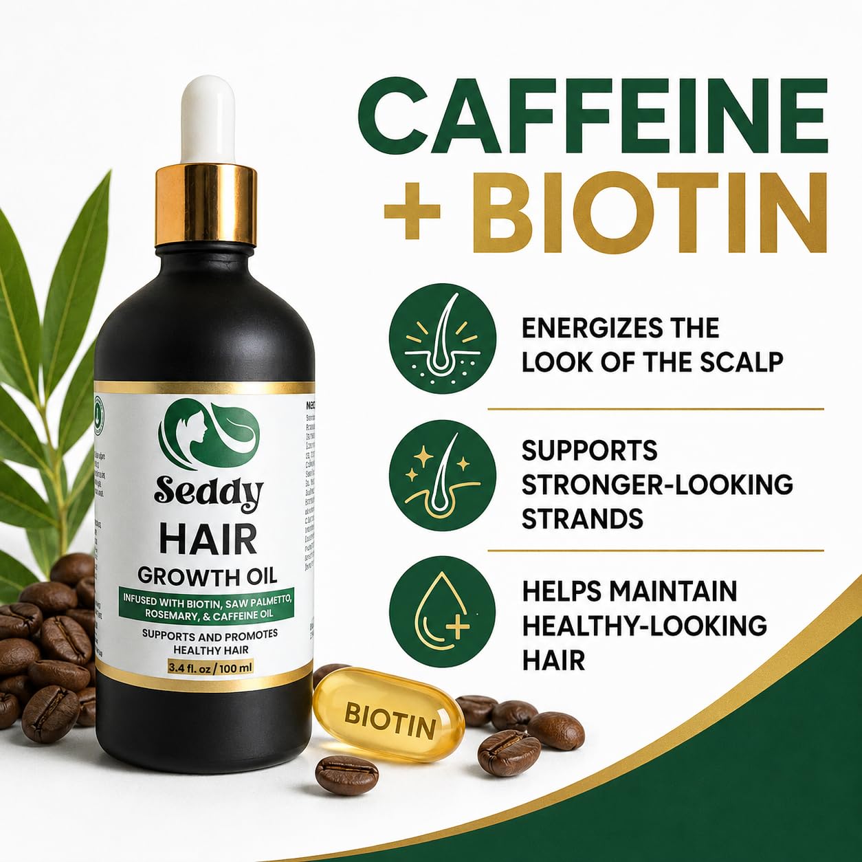 Seddy Hair Growth & Strengthening Oil with Caffeine, Rosemary, Castor, Biotin, Peppermint, Argan & Jojoba Oil & Detangling Brush, Painless Curly Hair Care Tool, Frizz-Free, Effortless Detangling