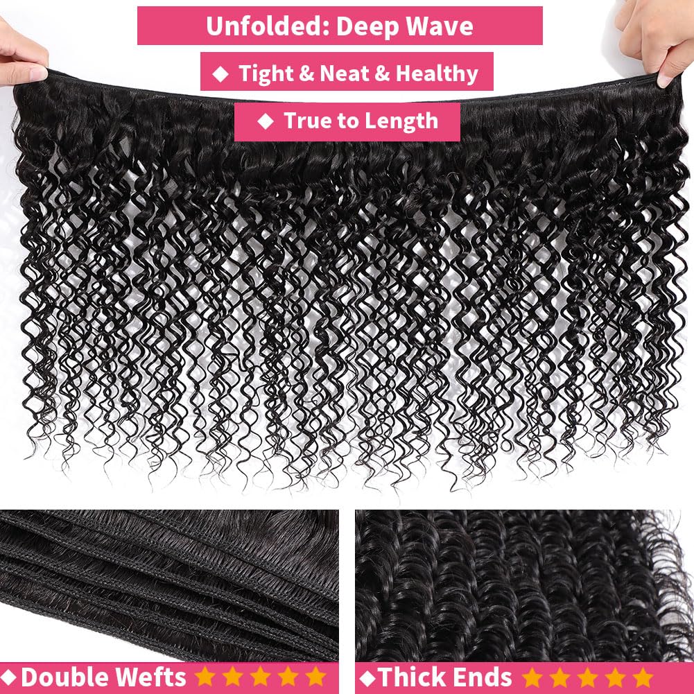 msVenus 12A Deep Wave Bundles Human Hair 20 Inches, 100% Unprocessed Indian Human Hair Bundles Wet and Wavy Raw Virgin Hair One Bundles Deal Curly Weave Bundles(Natural Color, 20 Inches)