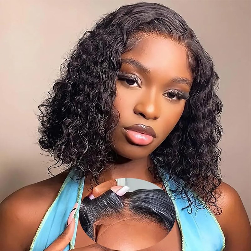 Curly Bob Wig - 12 Inch Human Hair Water Wave | Glueless 4x4 Lace Closure, Pre Plucked, Short Bob for Beginners