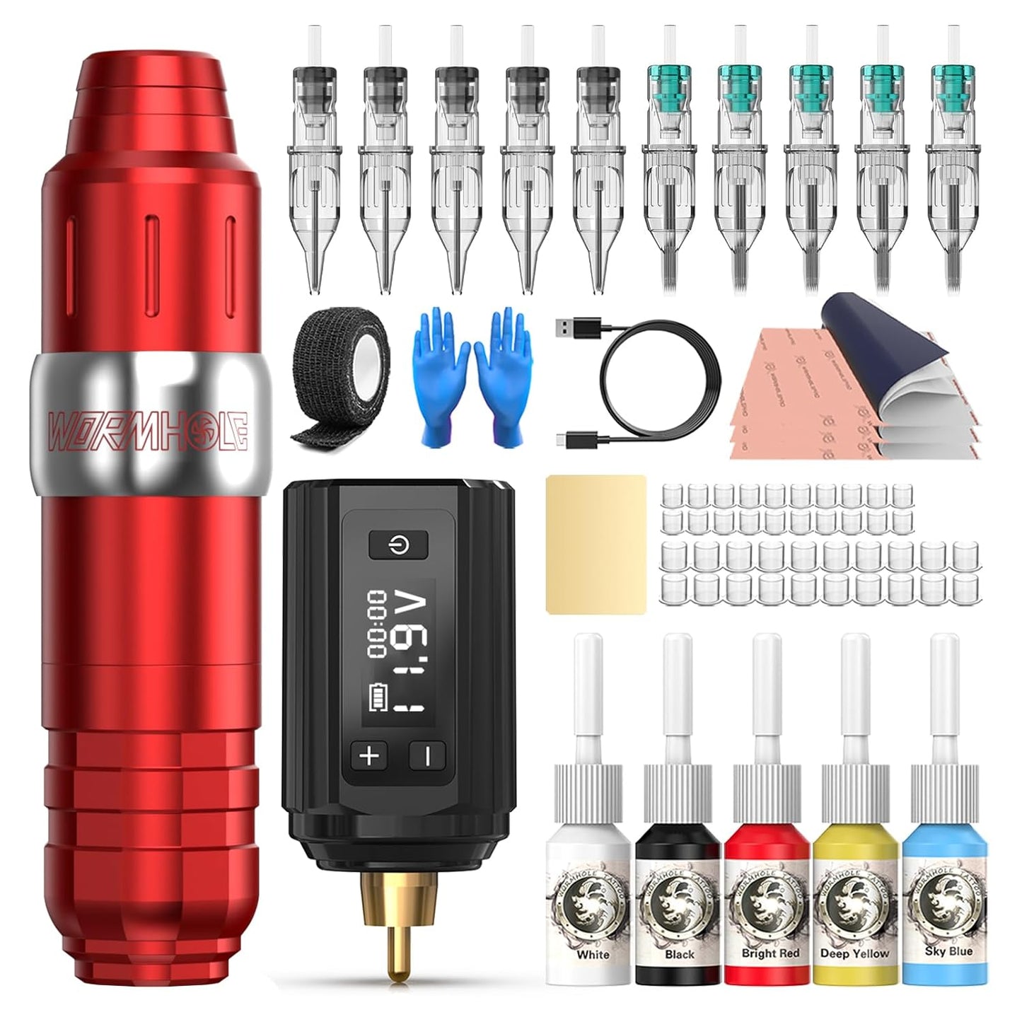 Wireless Tattoo Gun Kit - Professional Wormhole Tattoo Machine with 1,200mAh Battery & Cartridge Needles | Complete Tattoo Pen Set