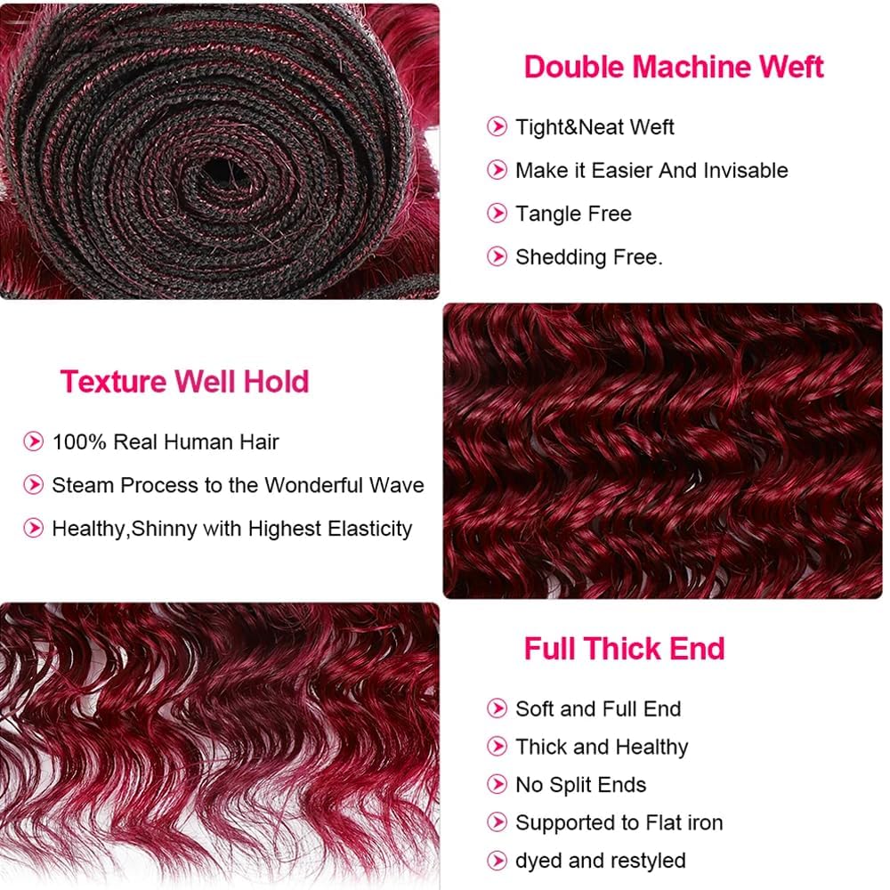 Burgundy 99J Human Hair Bundles - Deep Wave 10, 12, 14 Inch | Raw Unprocessed Virgin Hair for Black Women