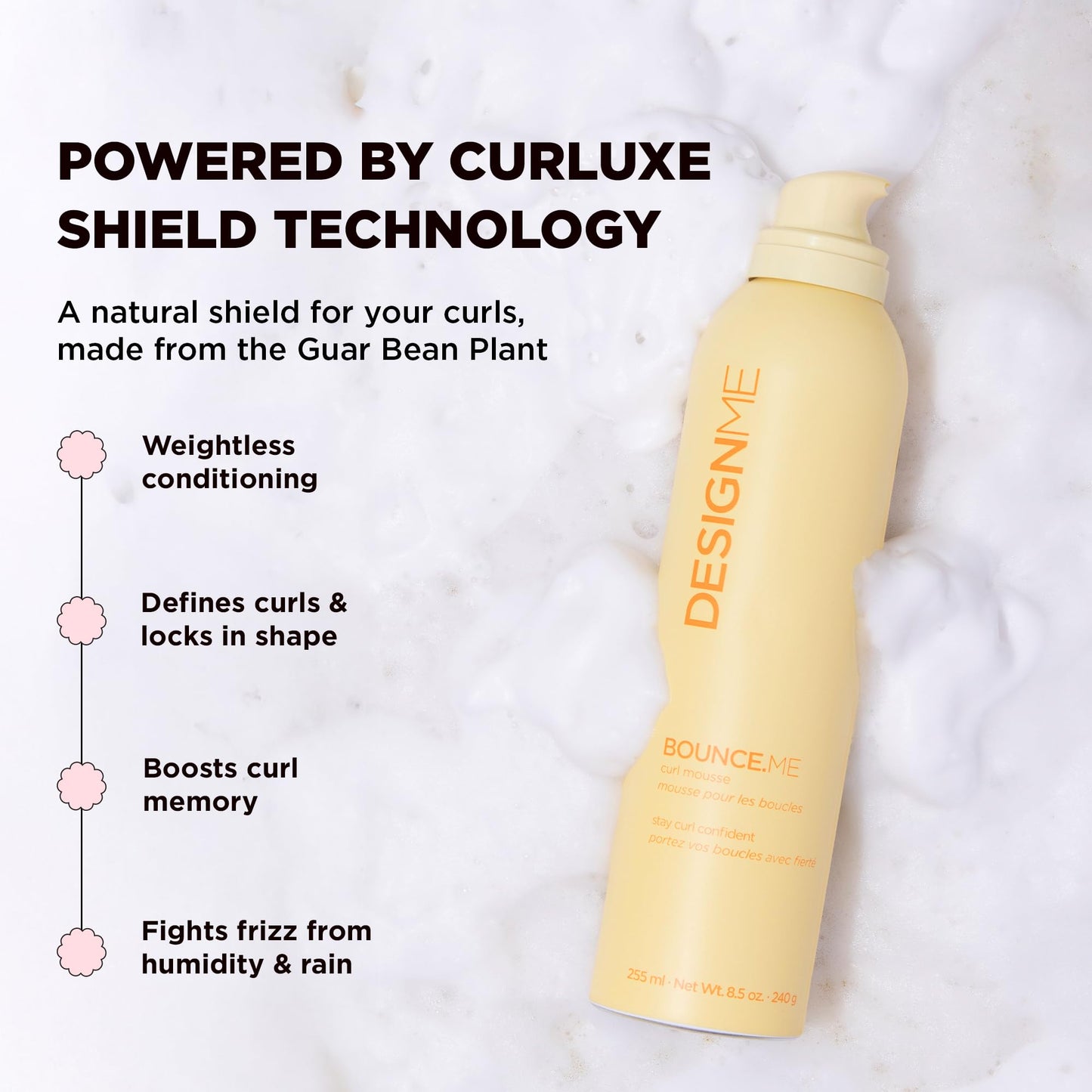 Design.Me BOUNCE.ME Curl Mousse | Lightweight Curl Defining Mousse for Wavy & Curly Hair | Frizz Control, Humidity Resistant, Alcohol-Free Mousse for Hair Styling | CGM Approved