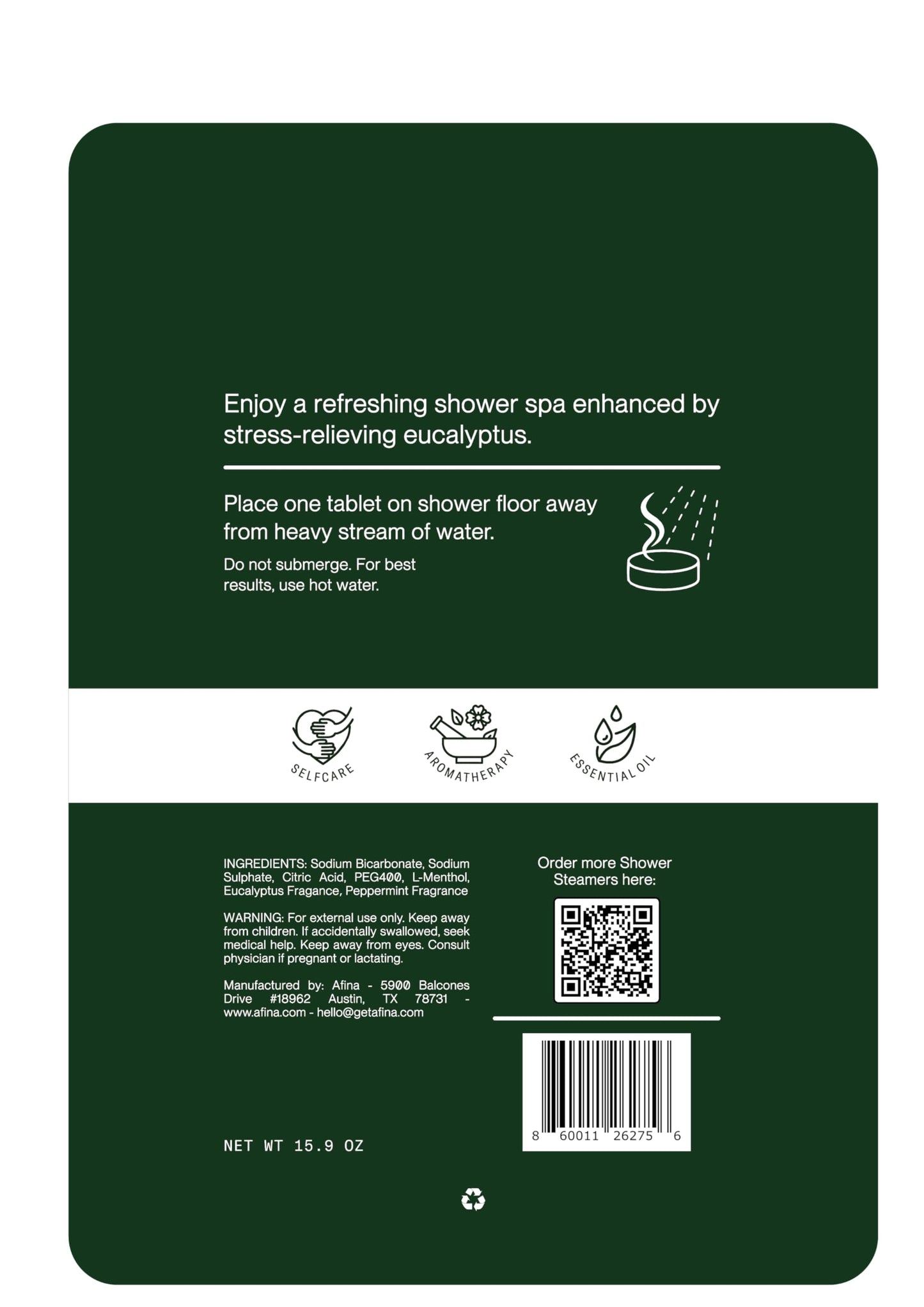 Afina Shower Steamers | Relief | Eucalyptus Mint | Natural Aromatherapy for Stress Relief and Relaxation | Spa Gifts for Women & Men (15 Count)