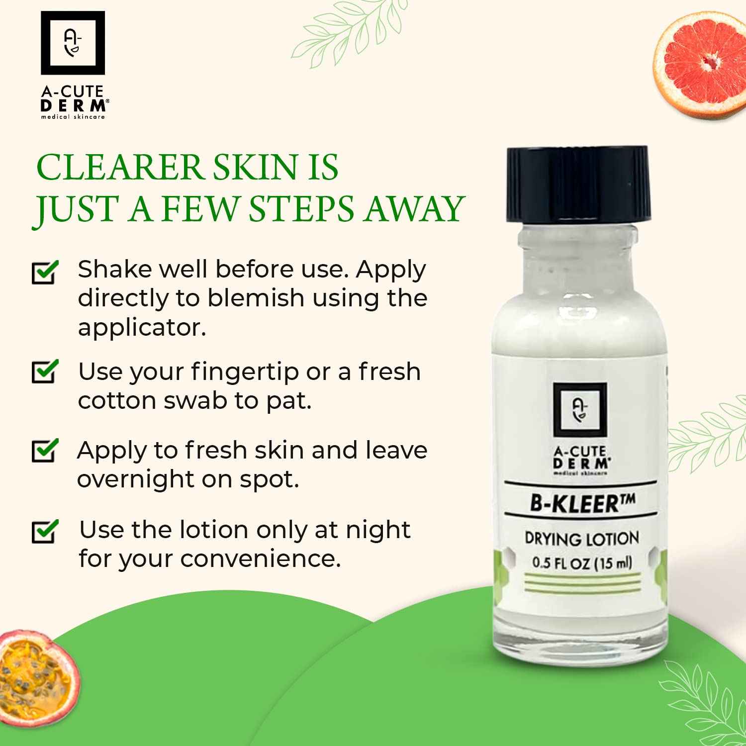 A-Cute Derm B-Kleer Drying Lotion Advanced Blemish Spot Treatment for Pimples, Razor Bumps & Oily T-Zone Fast-Acting Overnight Formula, Use Day or Night 0.5 oz