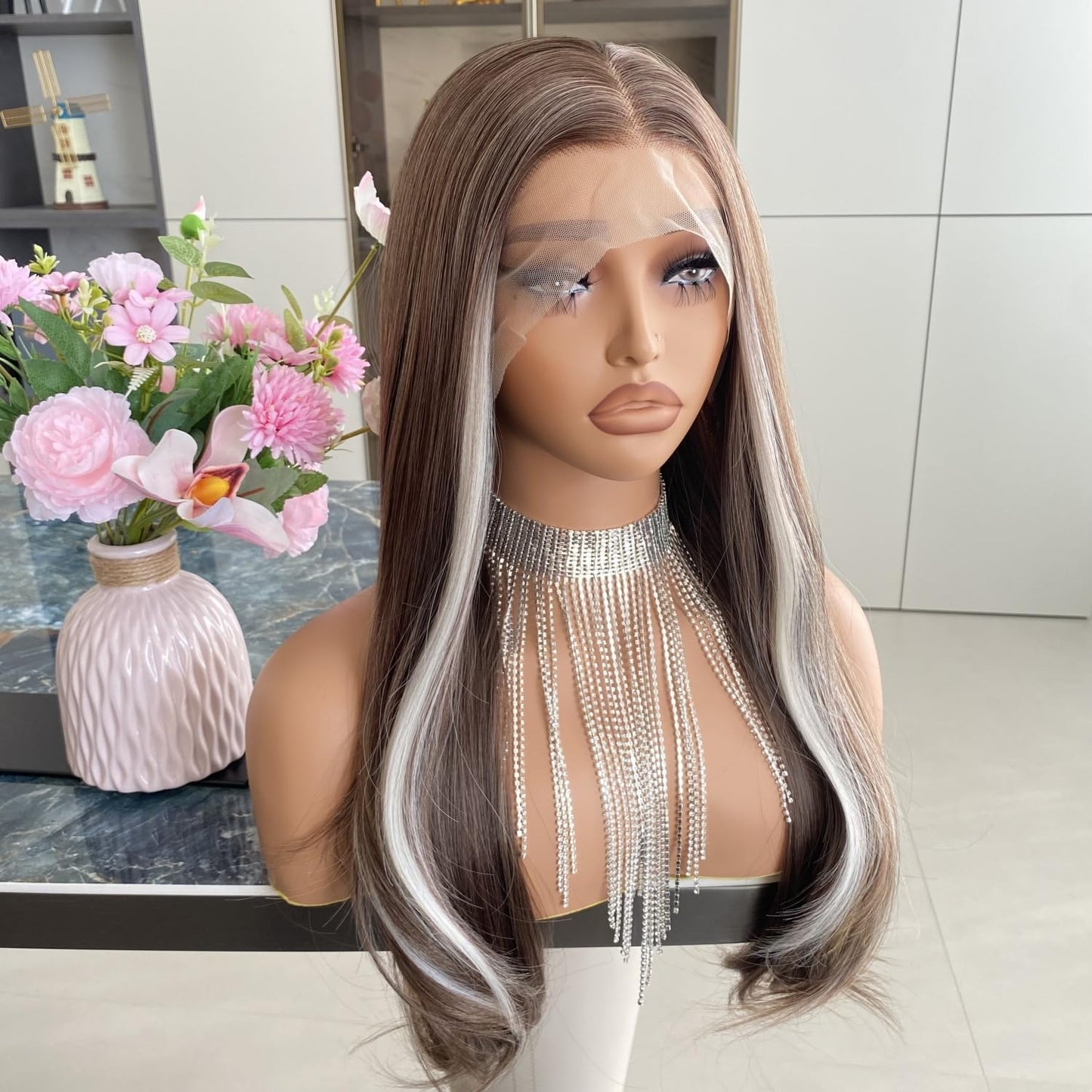 Carkira Ash Brown Wigs Mixed Honey Blonde Color Highlight Platinum Hair 13x4 Lace Front Wig Ombre Silver Loose Wave Synthetic 22Inch Pre Plucked for Women Girls