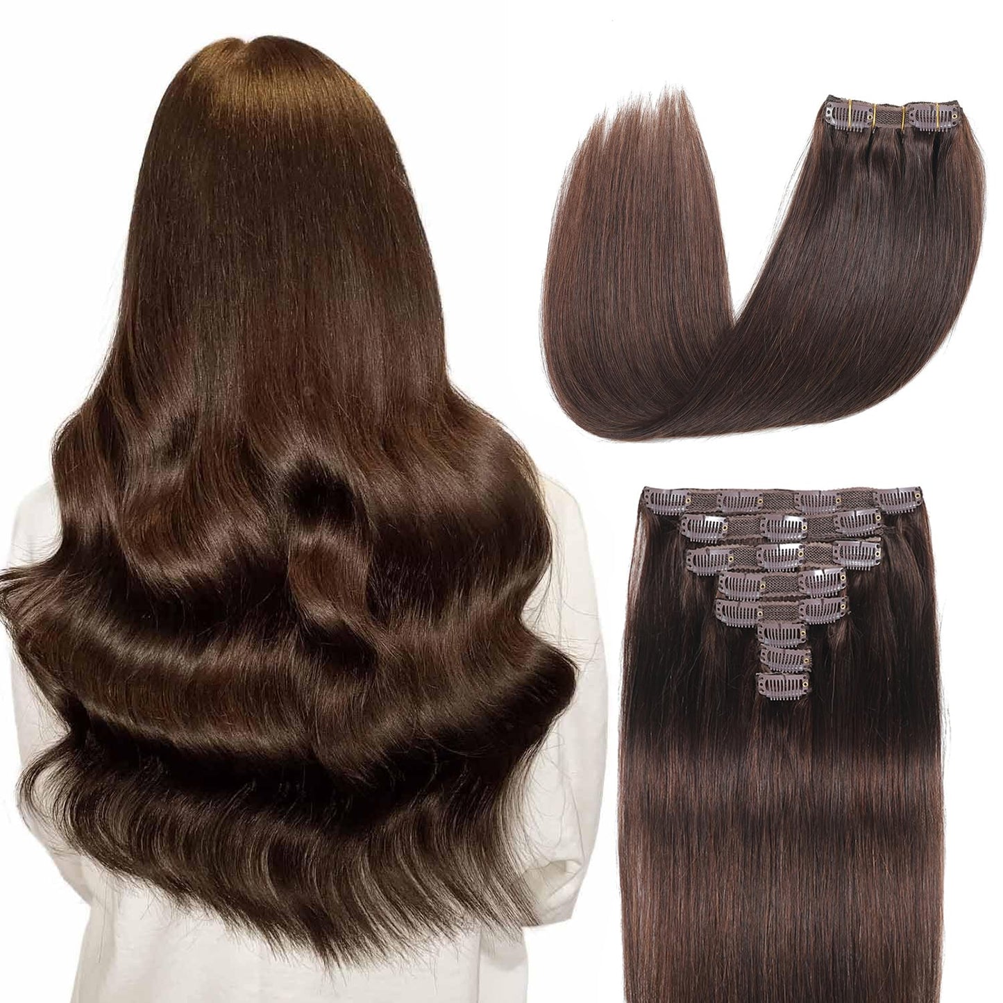 Ornate Hair Extensions Brown Real Human Hair Darkest Brown 100g Invisible Removable Thick Straight Fishing Line 8 Pieces Per Set Clip in Extensions Human Hair (4# clip in human hair, 14 inches-100g)