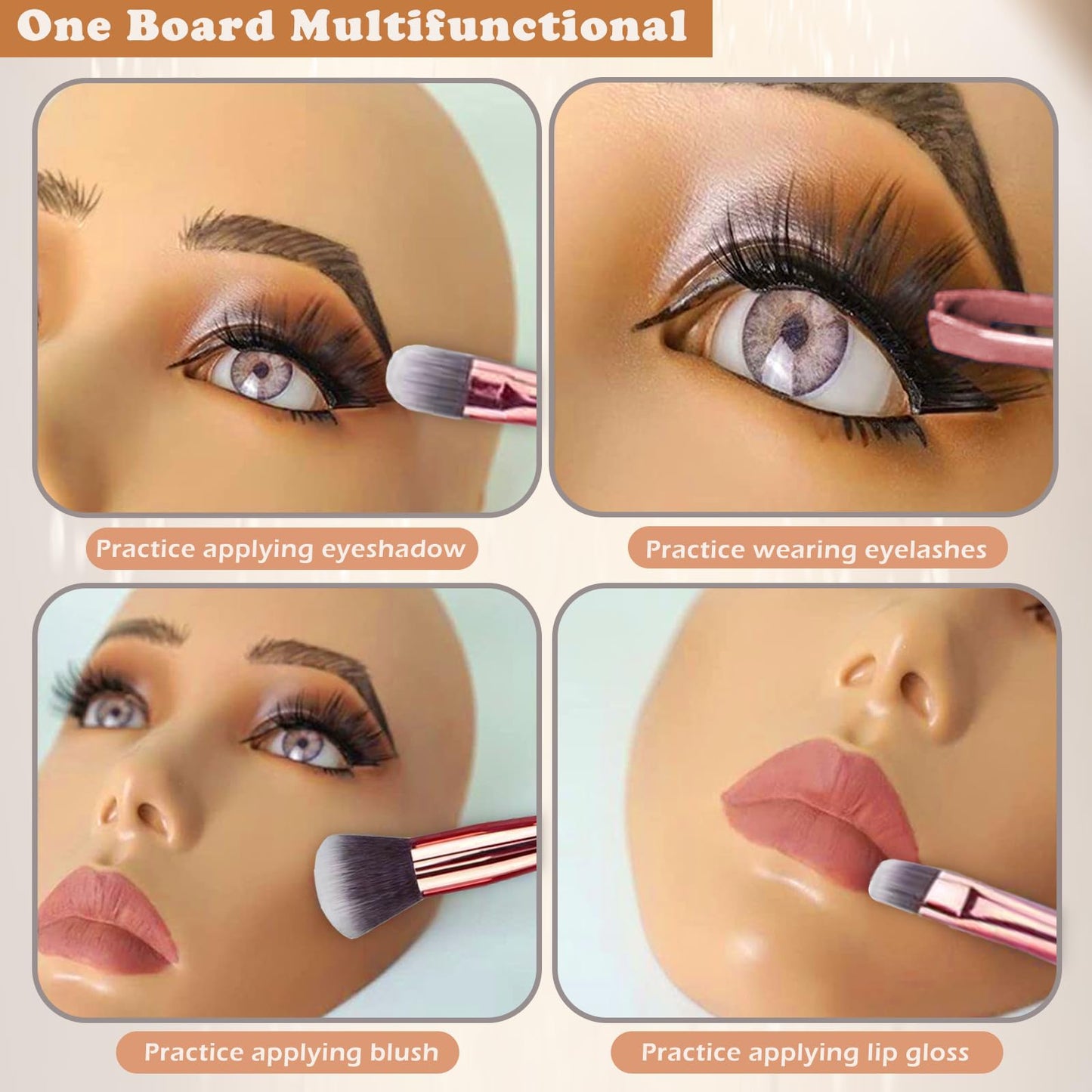 Penugo Makeup Mannequin Face Kit, Silicone Face for Makeup Practice Full Face for Must Haves, Mannequin Eye Face for Makeup Practice with Makeup Brushes Set & Eye Shadow & Eyebrow Pencil(Wheat)