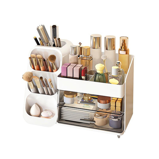 DASITON Makeup Organizer with Brush Holder for Vanity, Bathroom Countertop Organizer with 2 Drawers, Large skincare storage organizers for perfume, lipstick, Nail Polishes and Beauty Essential (White)