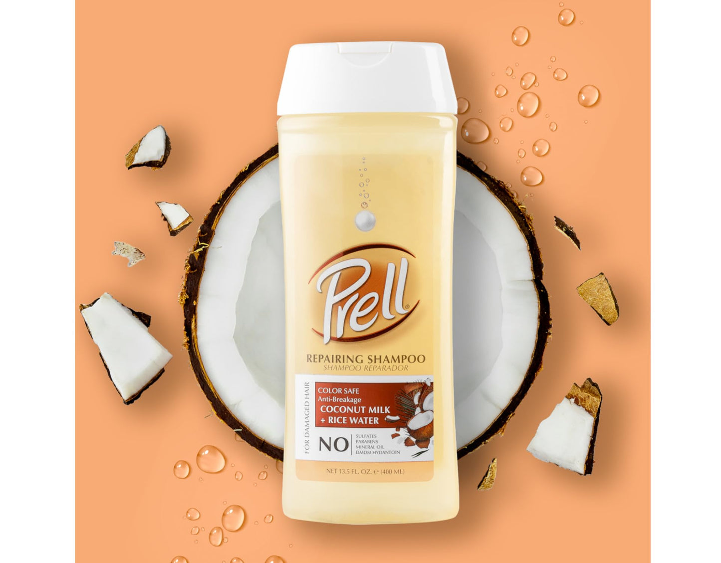 Prell Coconut Milk + Rice Watercolor Safe Anti-Breakage Repairing Shampoo for Damaged Hair, 13.5 fl.oz