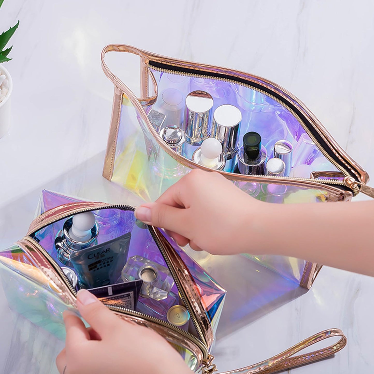 Gripebao Iridescent Holographic Makeup Bag with Wrist strap, Travel Clear Toiletry Bag, Lipstick Cosmetic Pouch, Waterproof Zipper Beach Bag Make up Organizer Case for Woman Teen Girl, A